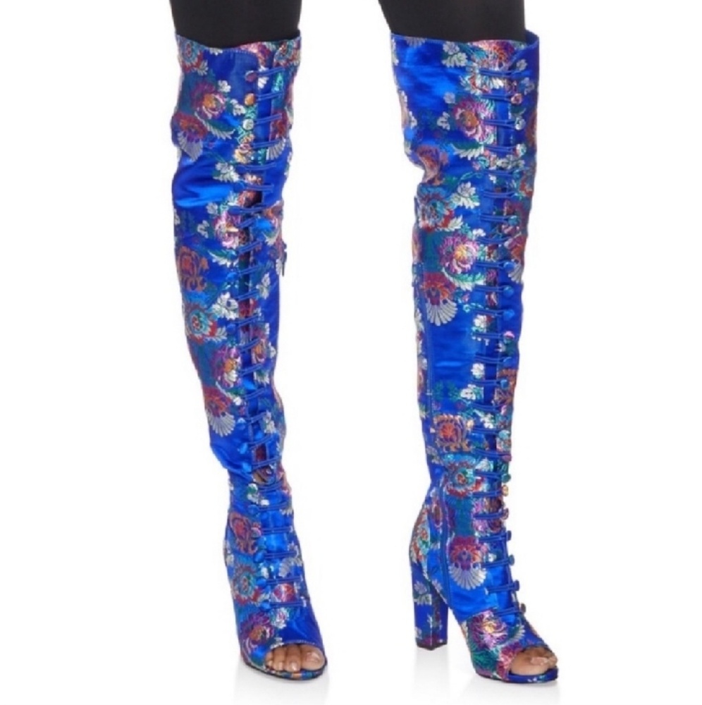 👠BLUE EMBROIDERED OVER THE KNEE BOOTS